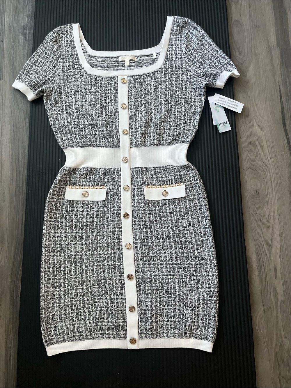 GUESS Black & White Tweed Button-Front Knit Dress with Gold Buttons